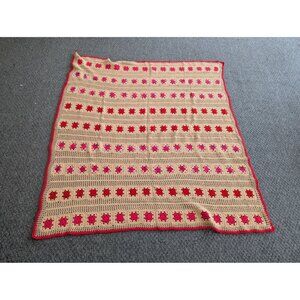 Hand Made Crochet Knit Afghan Throw Lap Blanket 64" x 60" Tan Pink Red